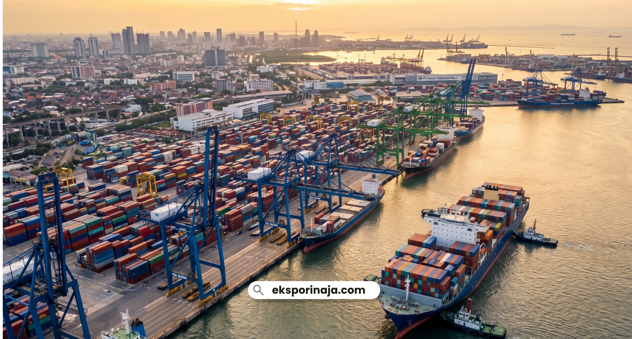 Container port in Indonesia with ships and cranes at sunset, symbolizing the export process buyers navigate when choosing a partner