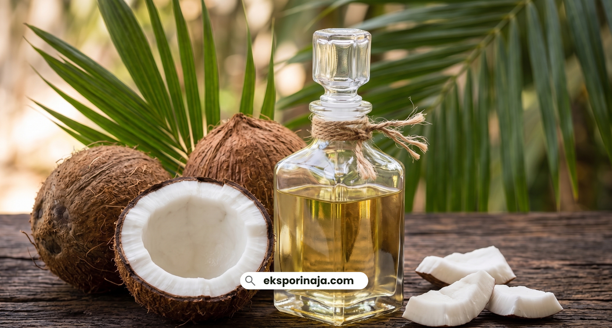 Bottle of pure coconut oil and fresh split coconuts on a wooden table.