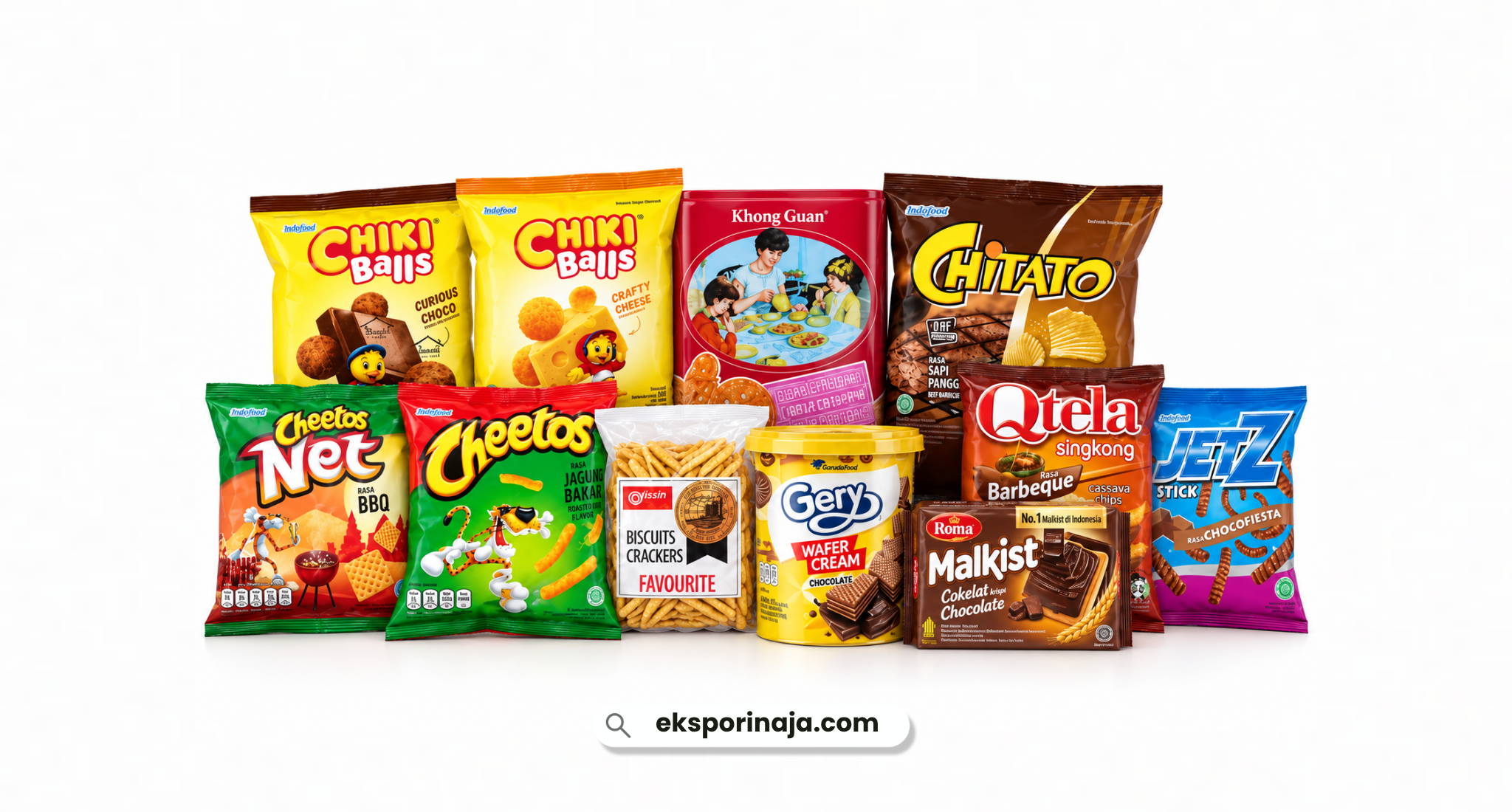 A variety of Indonesian snack products including biscuits, chips, crackers, wafers, and savory snacks prepared for international markets