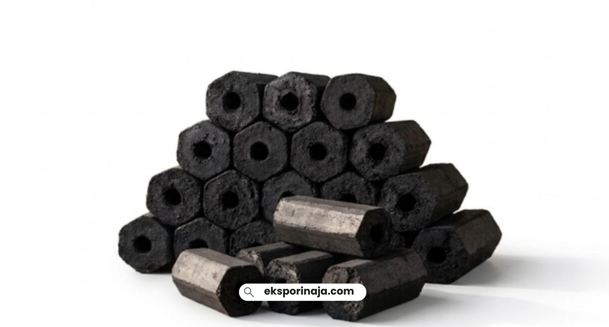 Stack of finished coconut shell charcoal briquettes, showing the final result of the production process
