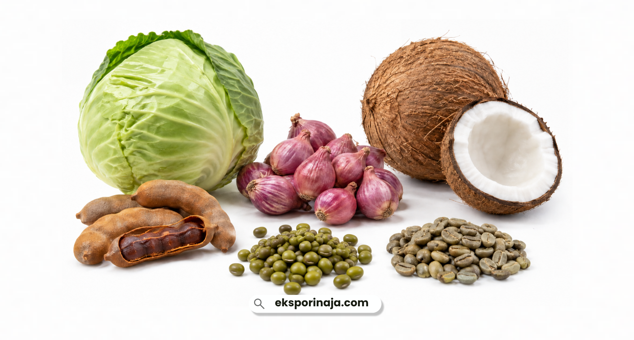 A variety of Indonesian agricultural products including cabbage, tamarind, shallots, coconut, mung beans, and green coffee beans