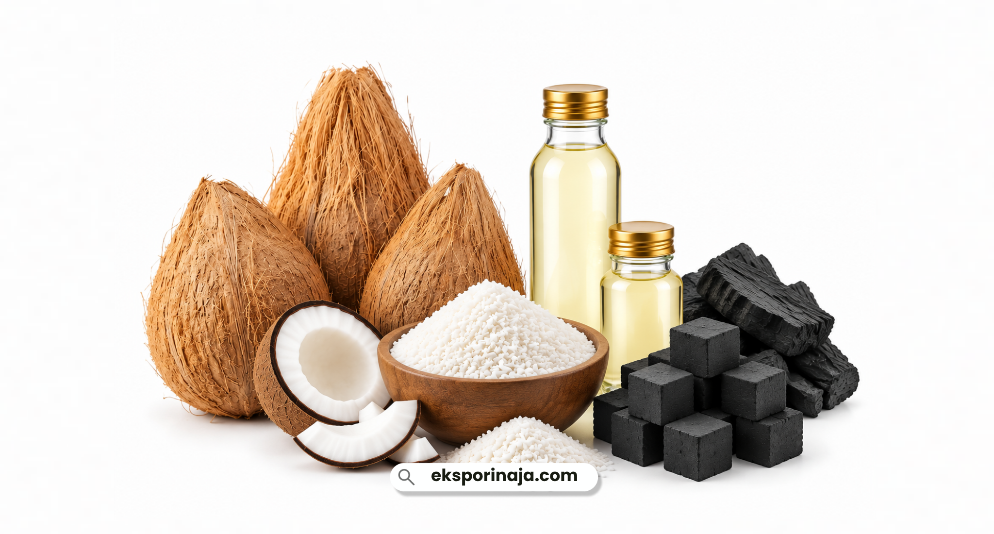 Coconuts alongside coconut oil, desiccated coconut, and coconut charcoal, representing Indonesia's coconut export products