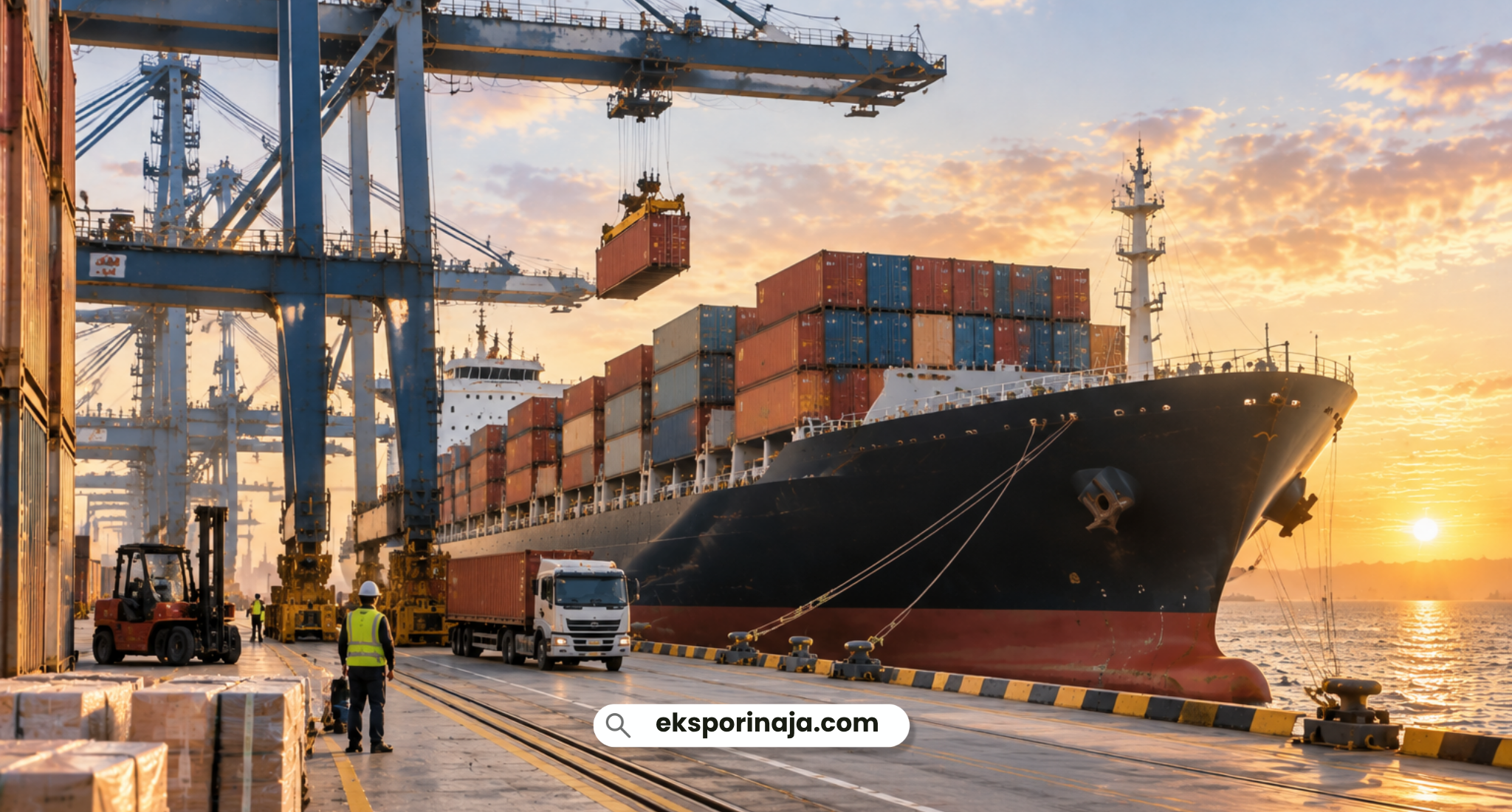 Container ship being loaded at port, representing the export process behind competitive Indonesian products in global markets