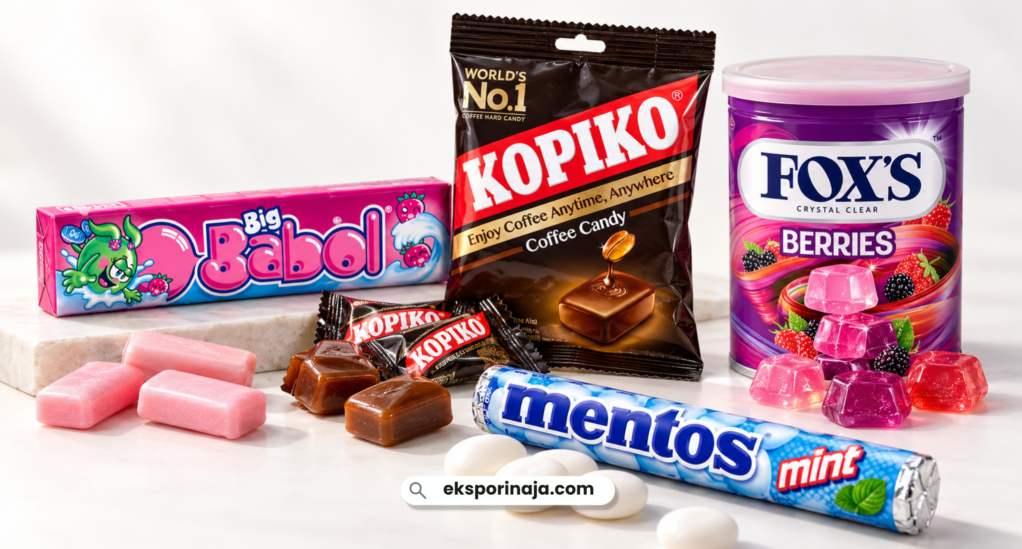 Assorted branded candy products including mint candy, coffee candy, hard candy, and bubble gum displayed for FMCG sourcing