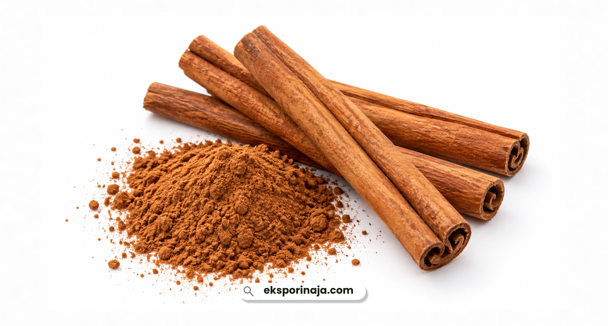 Cinnamon sticks and ground cinnamon powder arranged on a clean white background, showing different forms of cinnamon used in food products