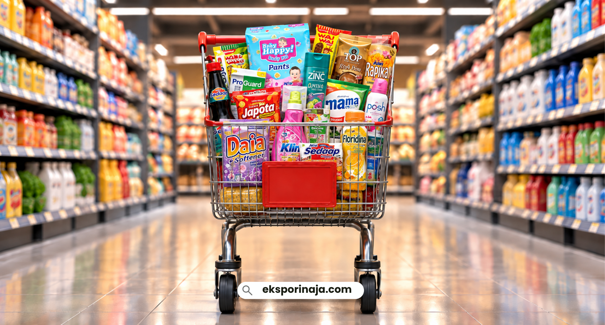 Shopping cart filled with Indonesian FMCG products, including packaged snacks, beverages, and household essentials, in a modern supermarket