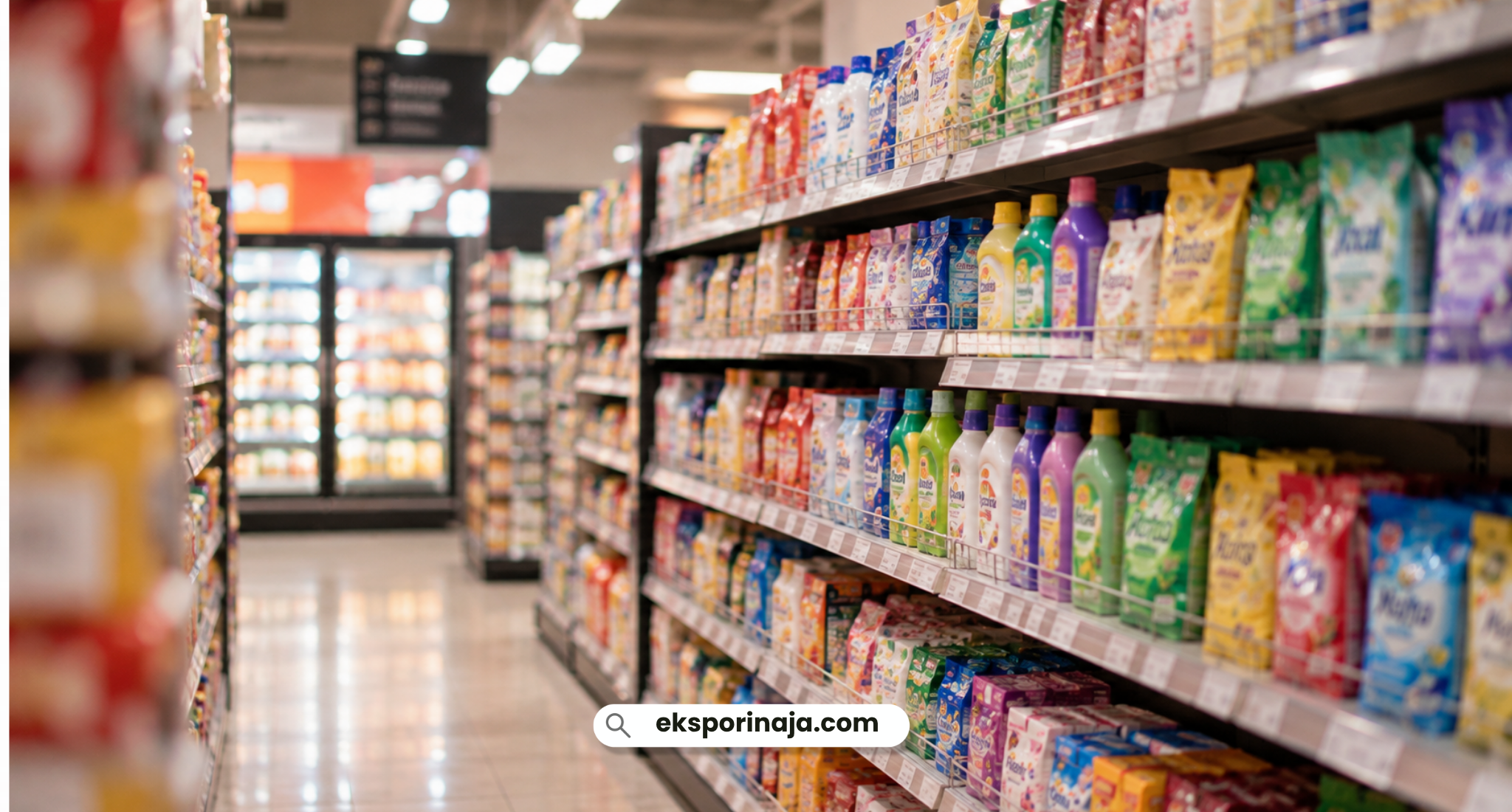 Supermarket shelves displaying a variety of FMCG products, including household essentials and packaged consumer goods
